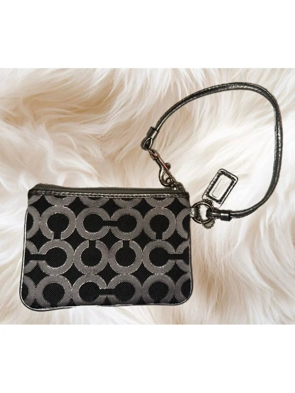 Coach Black and Metallic Gray Signature Wristlet